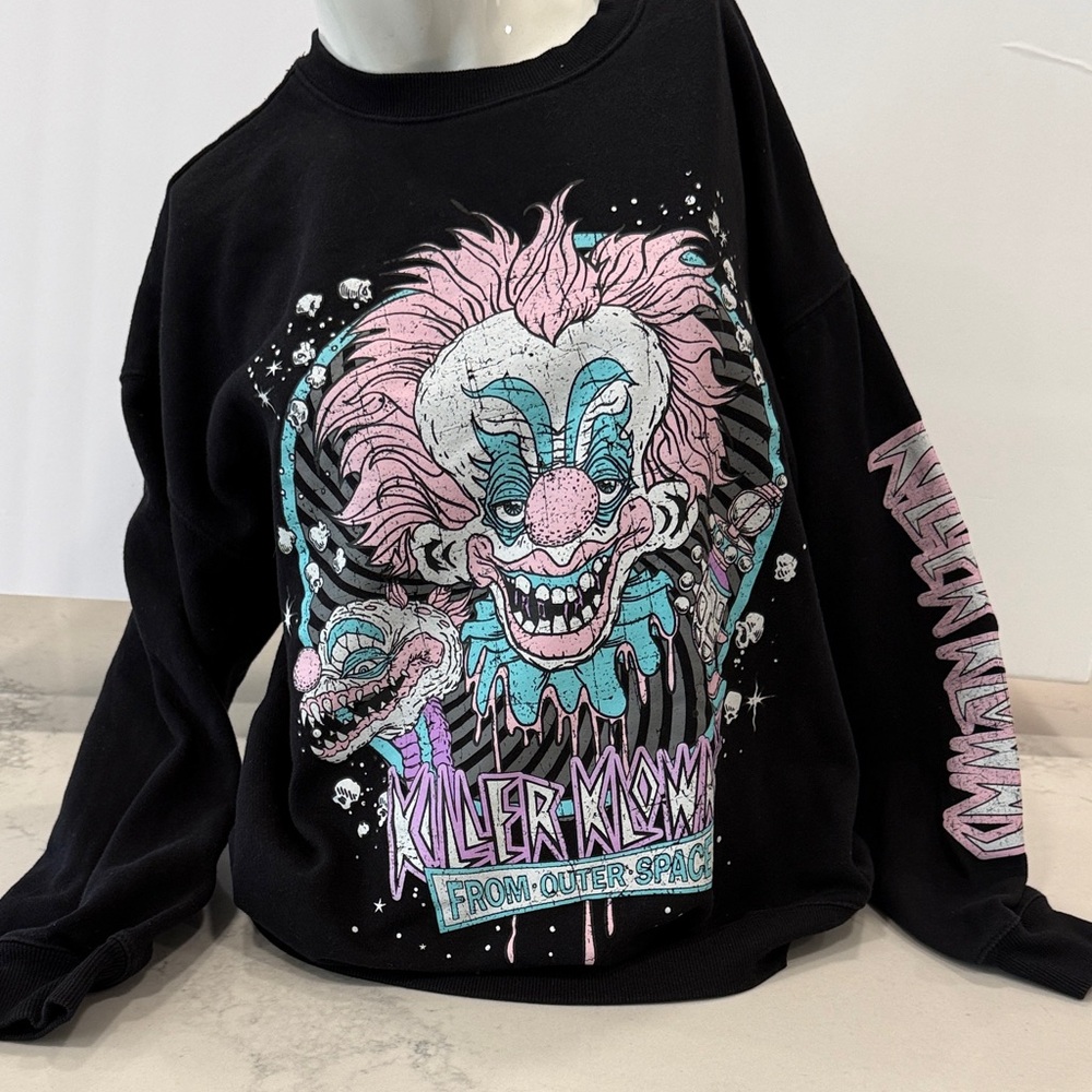 Black Graphic Killer Klowns Crewneck Sweatshirt with Pink & Teal Clown Print